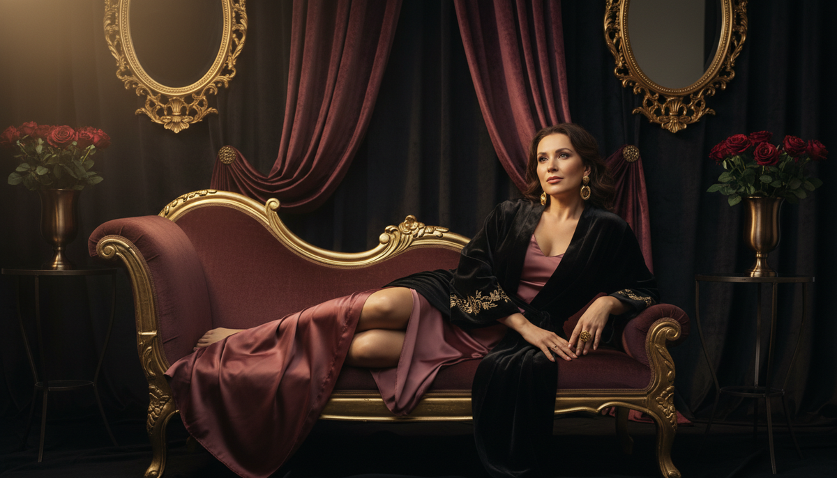 Woman in a black velvet robe reclining on a gold and burgundy velvet chaise